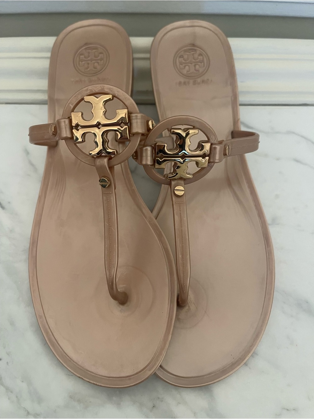 Tory Burch Nude Miller Jelly Thong Sandals with Gold Logo
